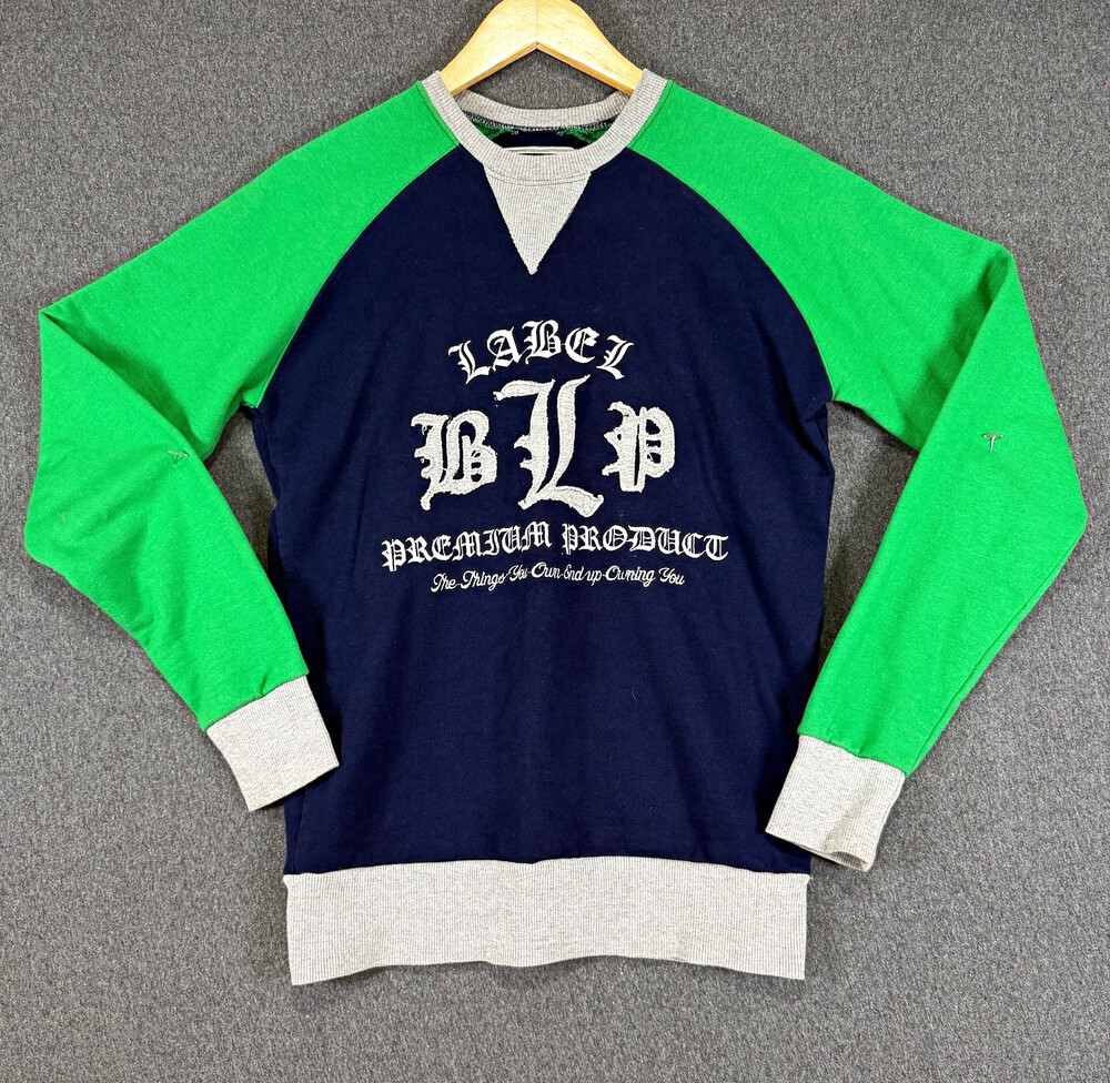 Blac Label Mens S Crewneck Fleece Pullover Sweatshirt Graphic Logo Blue Green